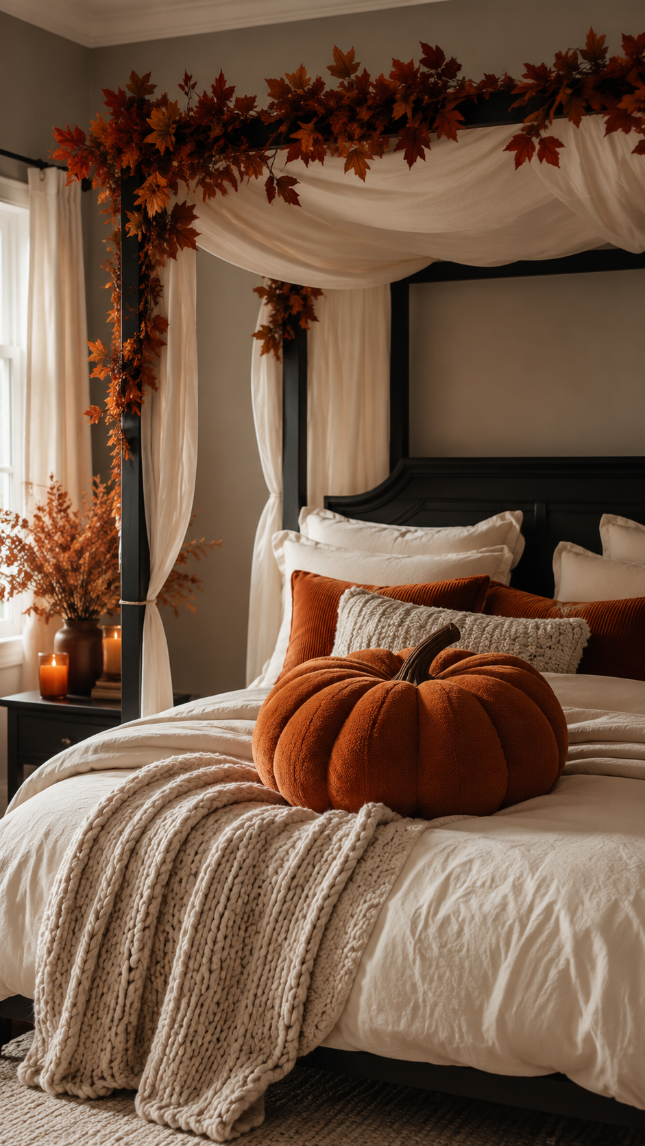 Fall bedroom ideas with pumpkin cushion, black canopy bed, autumn leaf garland, white bedding, orange pillows, and cozy throw blanket