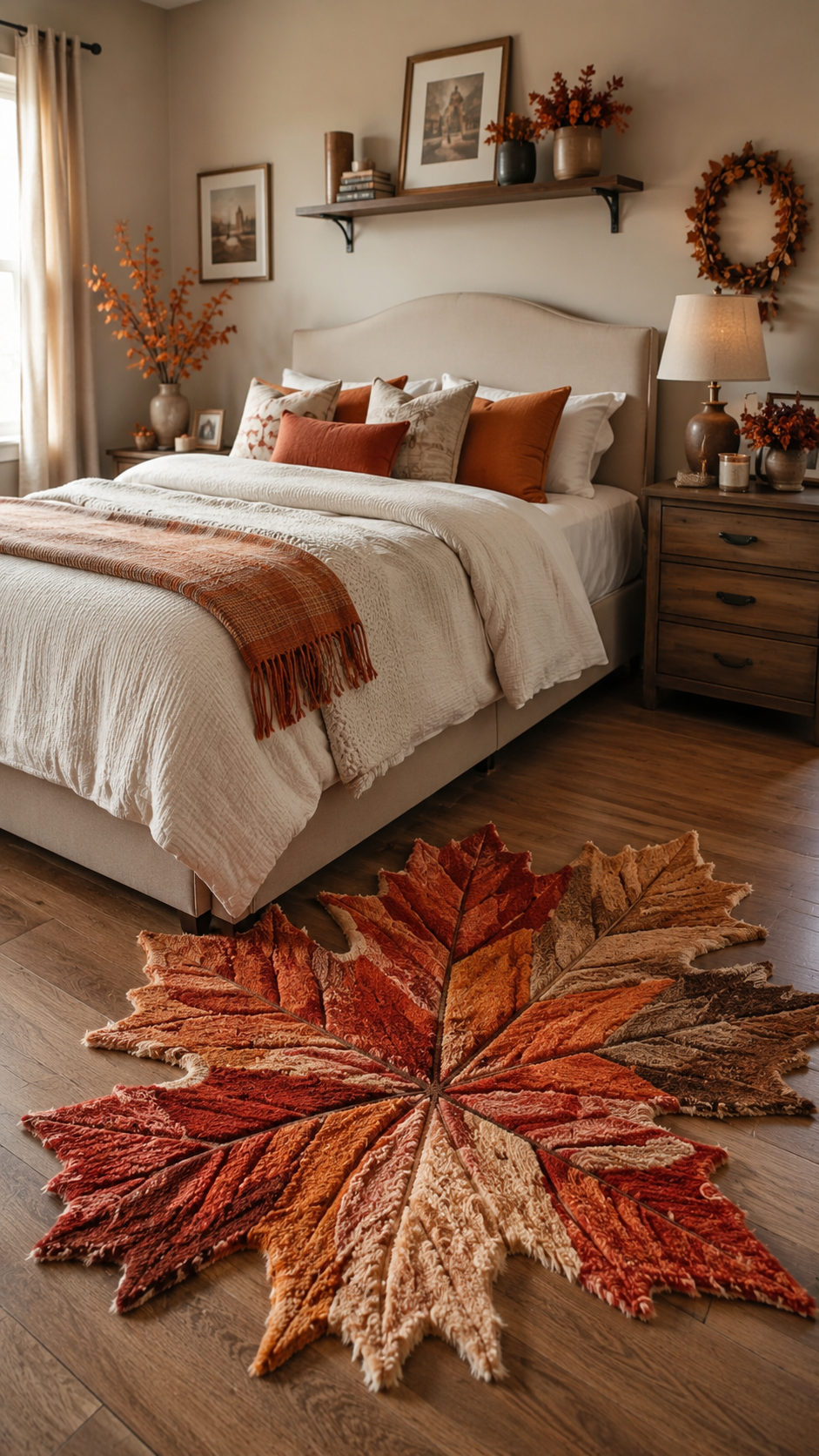 Fall bedroom with autumn leaf mat, white bedding, rust throw blanket, wooden nightstand, shelf decor, pumpkins, and warm lighting