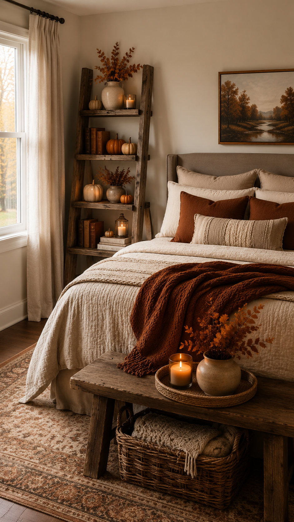 Rustic fall bedroom with wooden ladder shelf, pumpkins, candles, autumn branches, white bedding, orange throw, bench, and woven basket