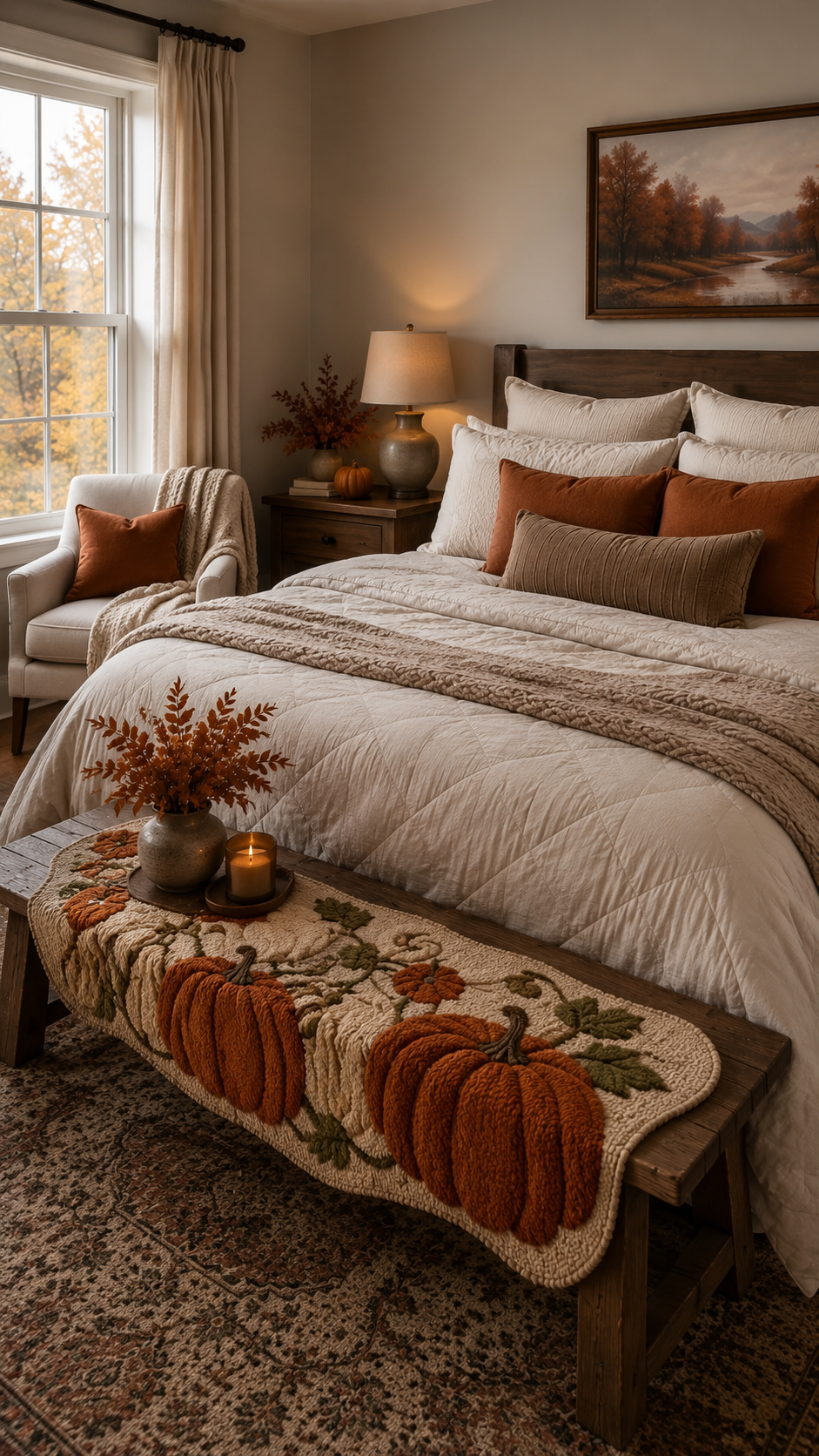 Fall bedroom with pumpkin table runner, wooden bench, white bedding, rust pillows, autumn landscape art, candle tray, and cozy armchair