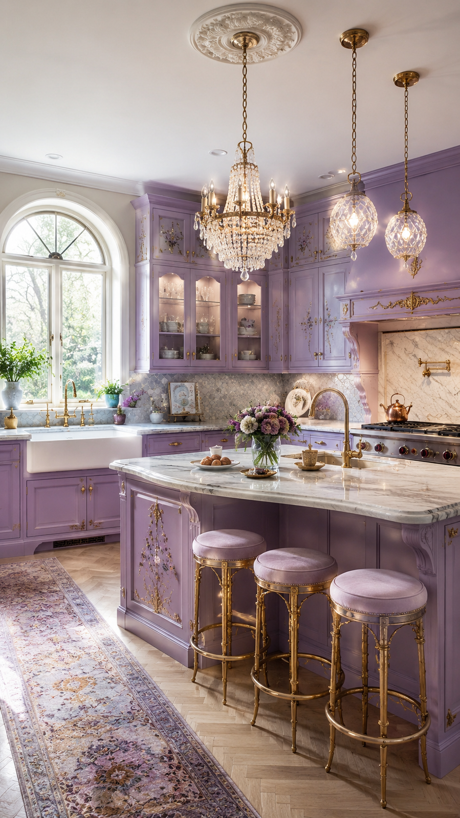 Whimsy kitchen ideas with lavender cabinets, gold accents, crystal chandeliers, marble countertops, farmhouse sink, floral cabinet details, and runner rug