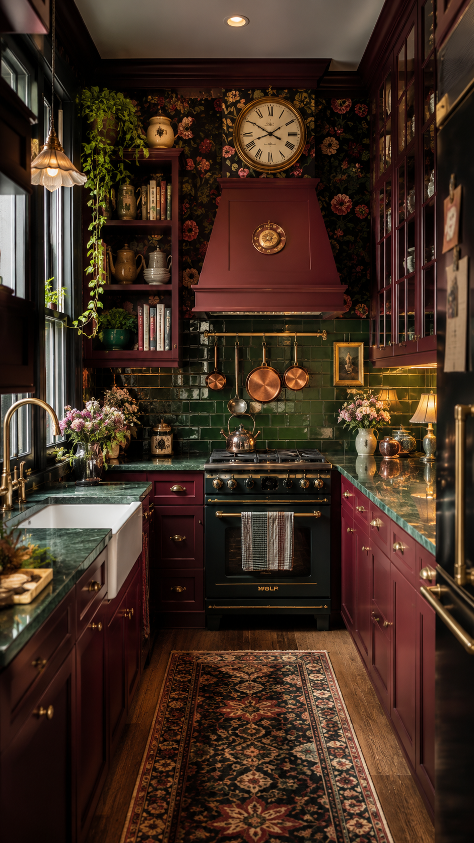 Moody whimsy kitchen with burgundy cabinets, floral wallpaper, emerald green tile, brass accents, open shelves, copper cookware, and farmhouse sink