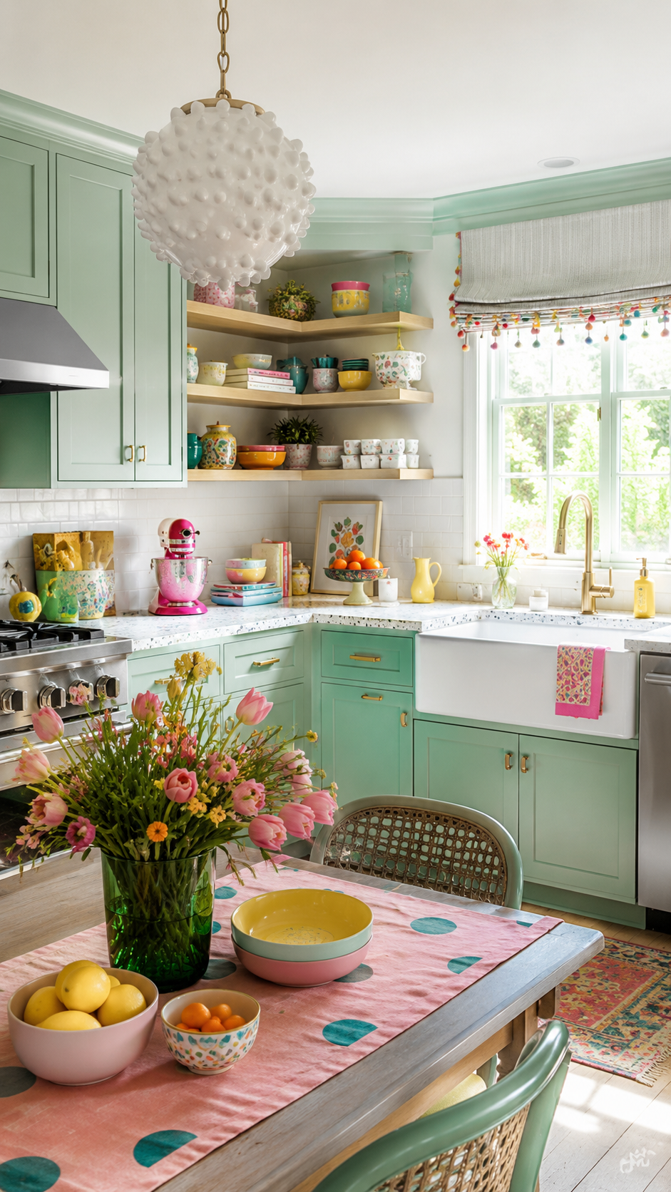 Fresh whimsy kitchen with soft mint green cabinets, pastel accents, open wooden shelves, colorful bowls, pendant light, farmhouse sink, and sunny window