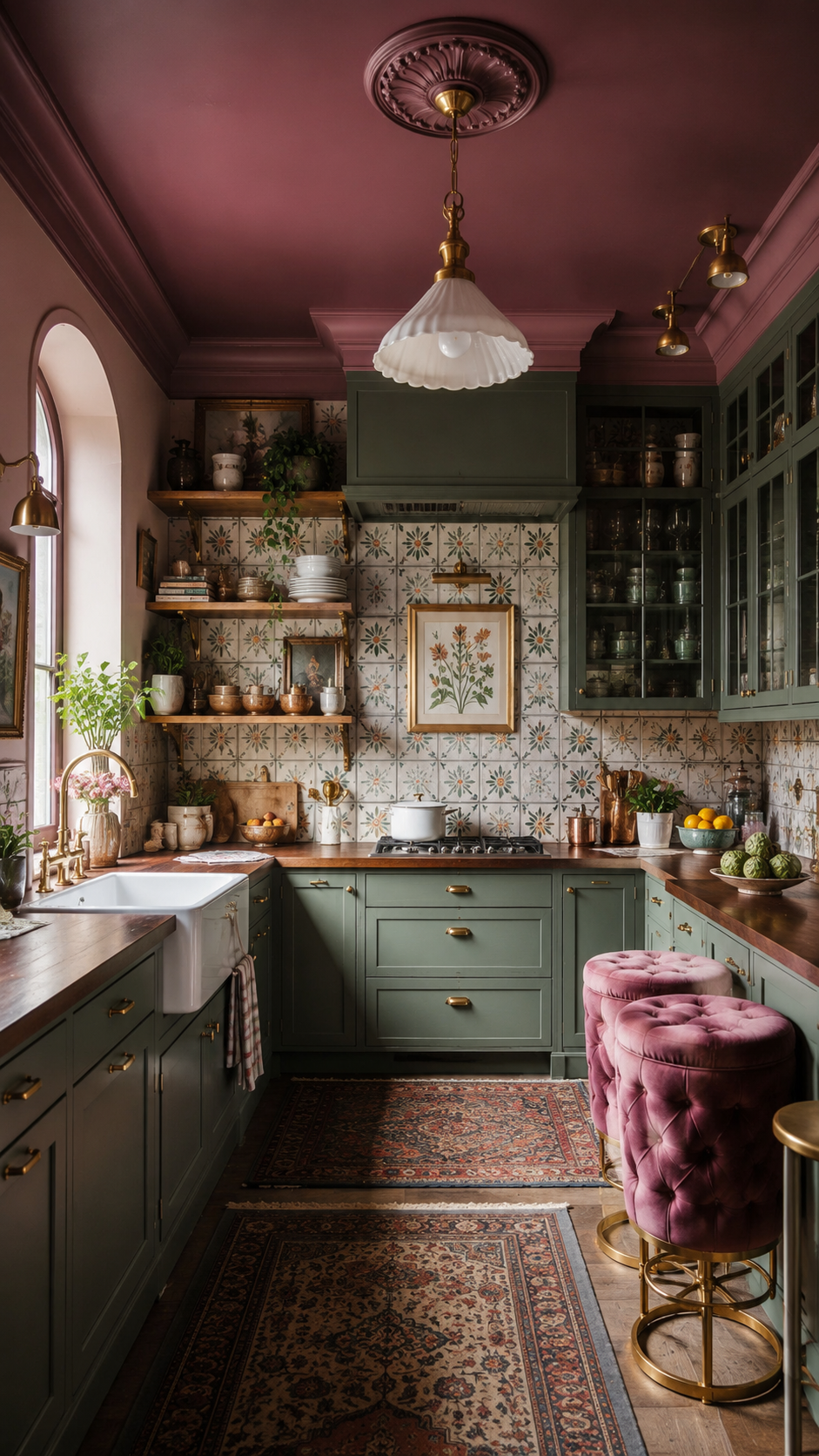 Sage green whimsy kitchen with blush pink ceiling, floral patterned tiles, warm wood countertops, brass accents, arched window, and pink stools