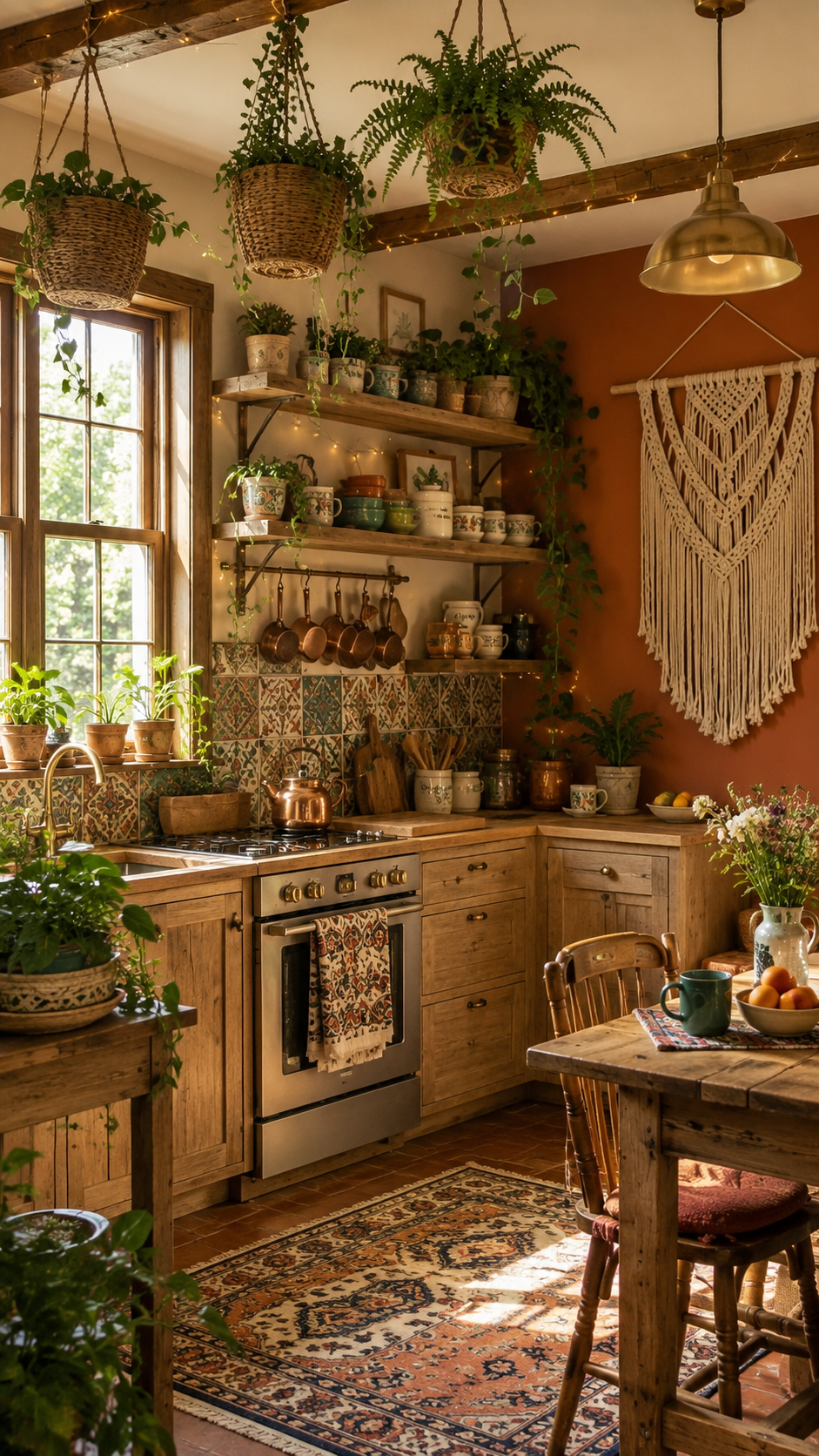 Boho whimsy kitchen with rustic wood cabinets, hanging woven planters, trailing greenery, patterned tile, copper cookware, fairy lights, and vintage rug
