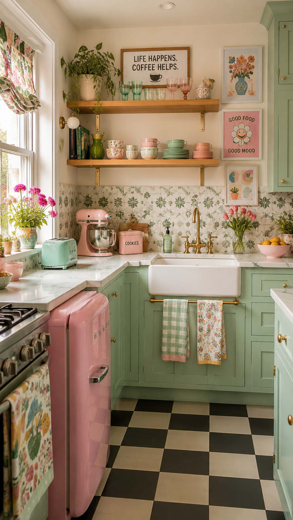 Cute whimsy kitchen with mint green cabinets, pastel pink appliances, floral accents, open shelves, checkerboard floor, farmhouse sink, and brass faucet