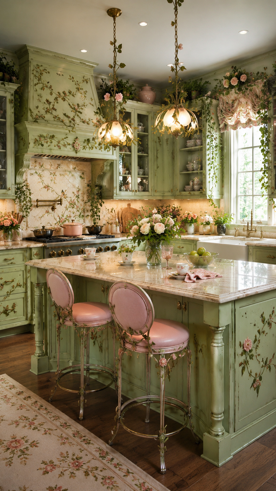Romantic whimsy kitchen with sage green cabinets, floral cabinet details, blush pink seating, flower pendant lights, marble island, roses, and gold hardware