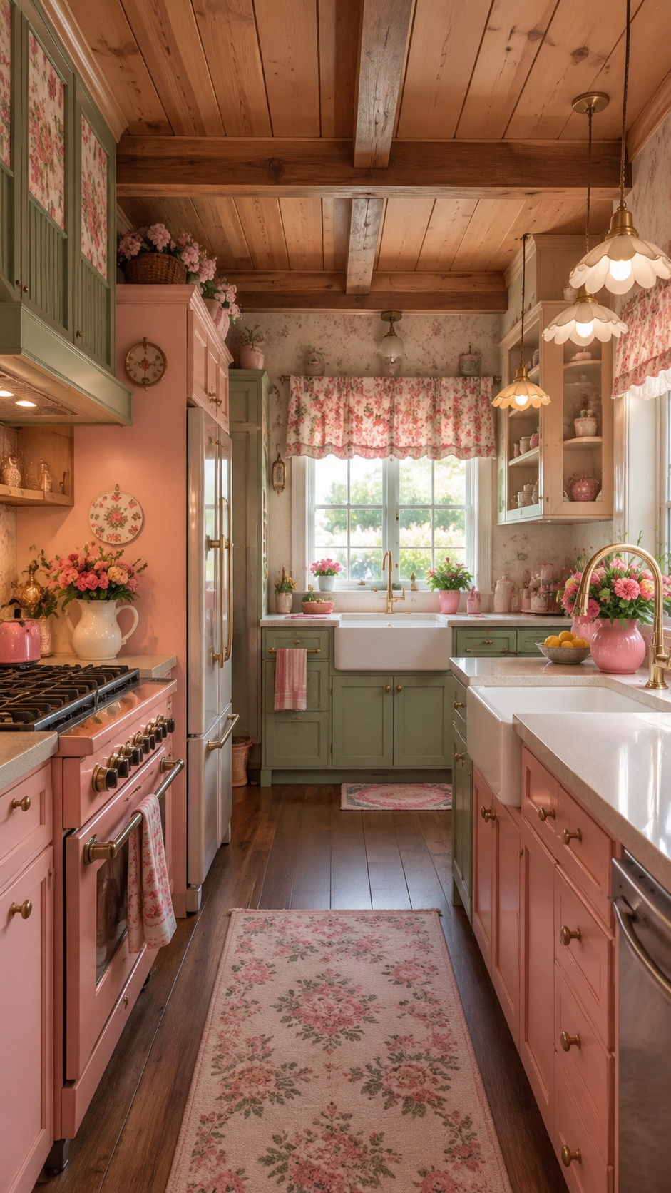 Pink and sage whimsy kitchen with floral curtains, brass hardware, wood ceiling, farmhouse sink, pink range, open shelves, and patterned wallpaper