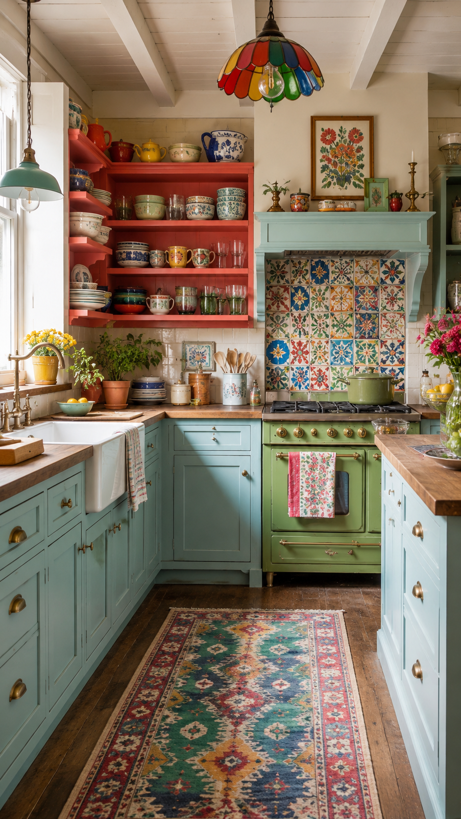 Colorful whimsy kitchen with aqua cabinets, coral open shelves, patterned backsplash tiles, vintage green range, stained-glass pendant light, and runner rug
