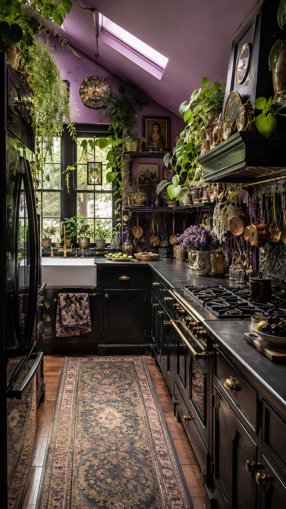Dark whimsy kitchen with black cabinets, purple walls, hanging plants, brass hardware, vintage artwork, farmhouse sink, copper cookware, and botanical decor