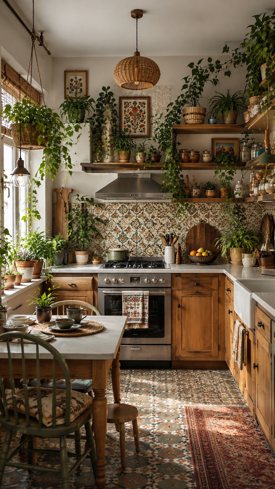 Rustic whimsy kitchen with natural wood cabinets, patterned tile backsplash, open shelves, trailing plants, woven pendant light, herbs, and dining table