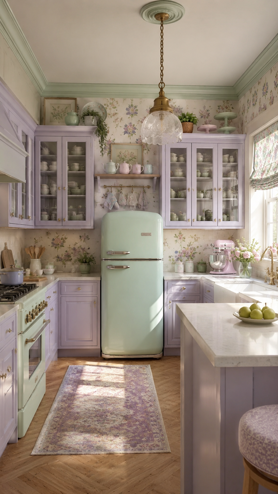 Pastel whimsy kitchen with lavender cabinets, mint green retro fridge, floral wallpaper, glass-front storage, gold hardware, marble counters, and patterned rug