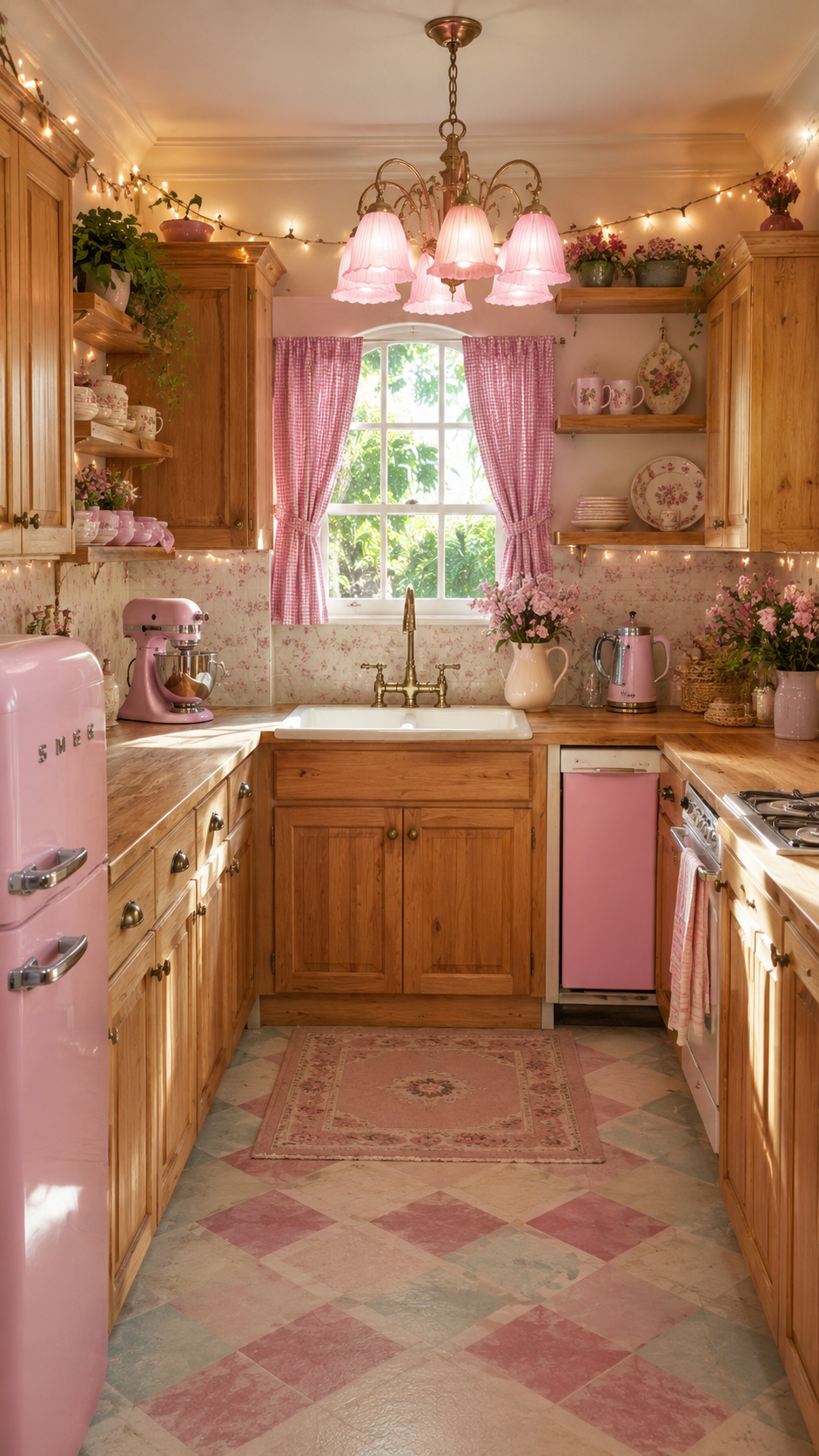 Cozy whimsy kitchen with natural wood cabinets, pastel pink appliances, gingham curtains, floral backsplash, fairy lights, open shelves, and pink rug