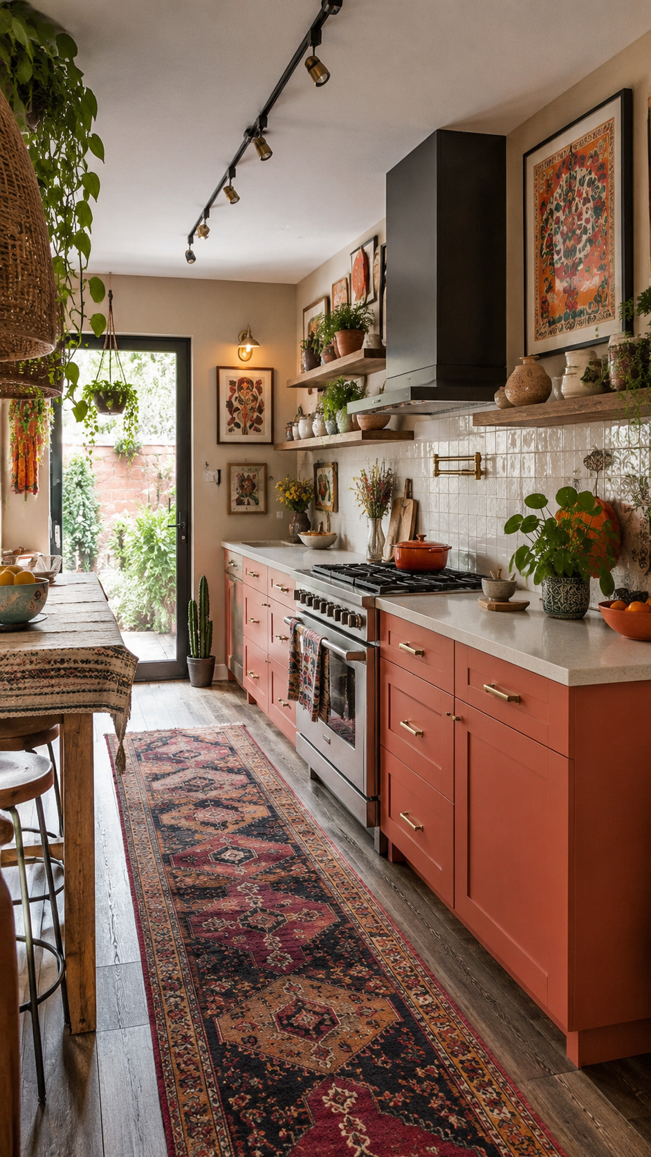 Coral whimsy kitchen with rustic wood shelves, brass hardware, leafy green plants, patterned textiles, folk-inspired wall art, open storage, and cozy decor