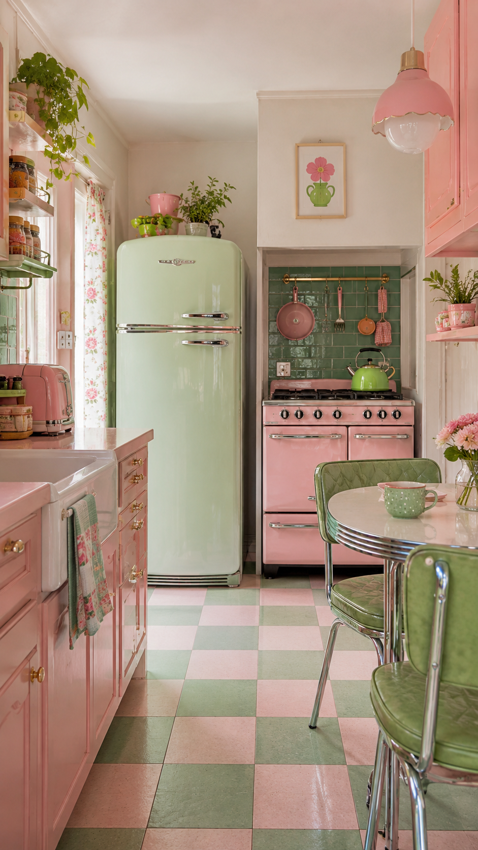 Retro whimsy kitchen with pink cabinets, mint green vintage fridge, pink stove, green tile backsplash, checkerboard floor, floral curtains, and open shelves