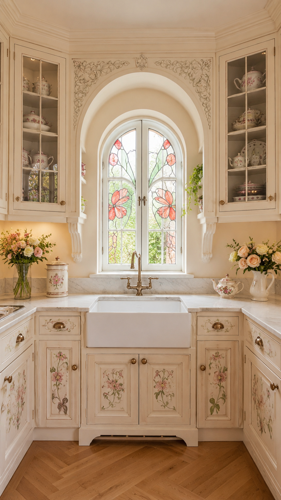 Cream whimsy kitchen with arched stained-glass window, floral cabinet details, glass-front cabinets, marble countertops, brass hardware, farmhouse sink, and roses