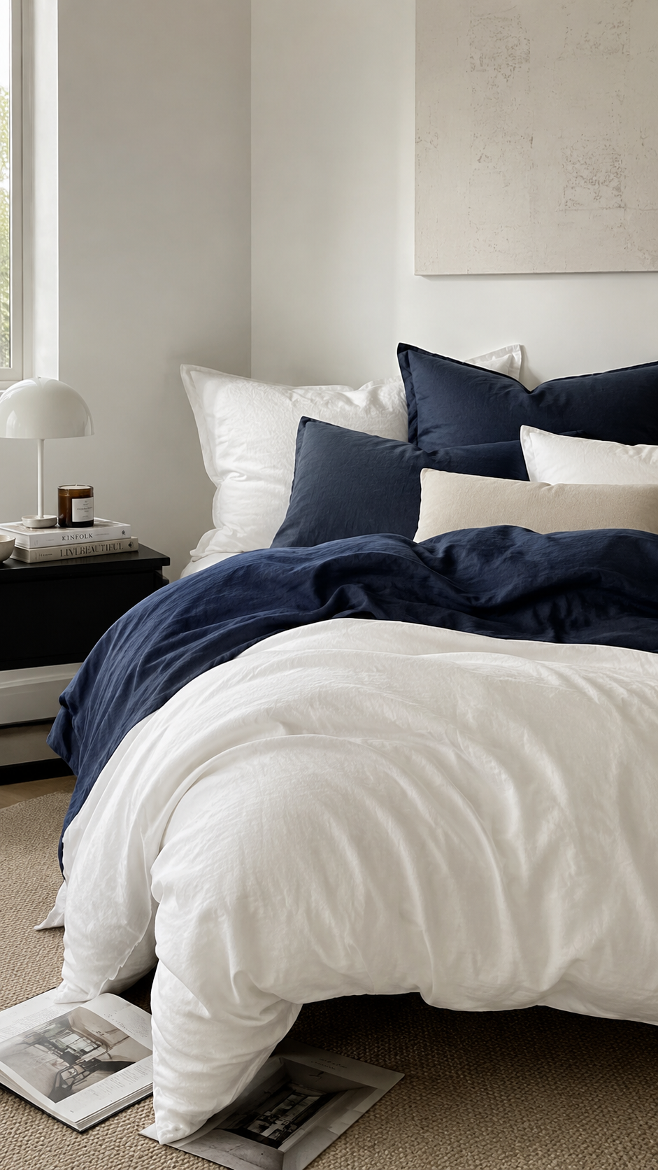 Bedding color combos with crisp white bedding, deep navy pillows, navy duvet, neutral walls, natural textures, and modern bedroom styling