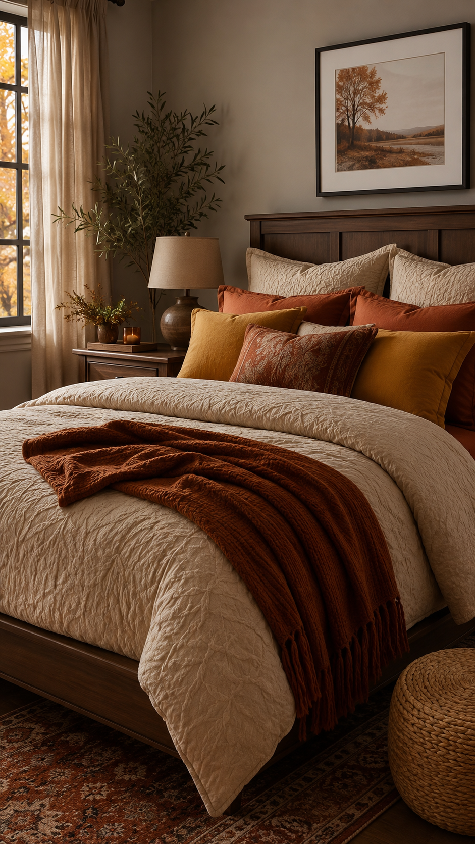 Warm bedding color combo with cream bedding, rust pillows, burnt orange accents, mustard yellow layers, terracotta tones, and cozy bedroom decor