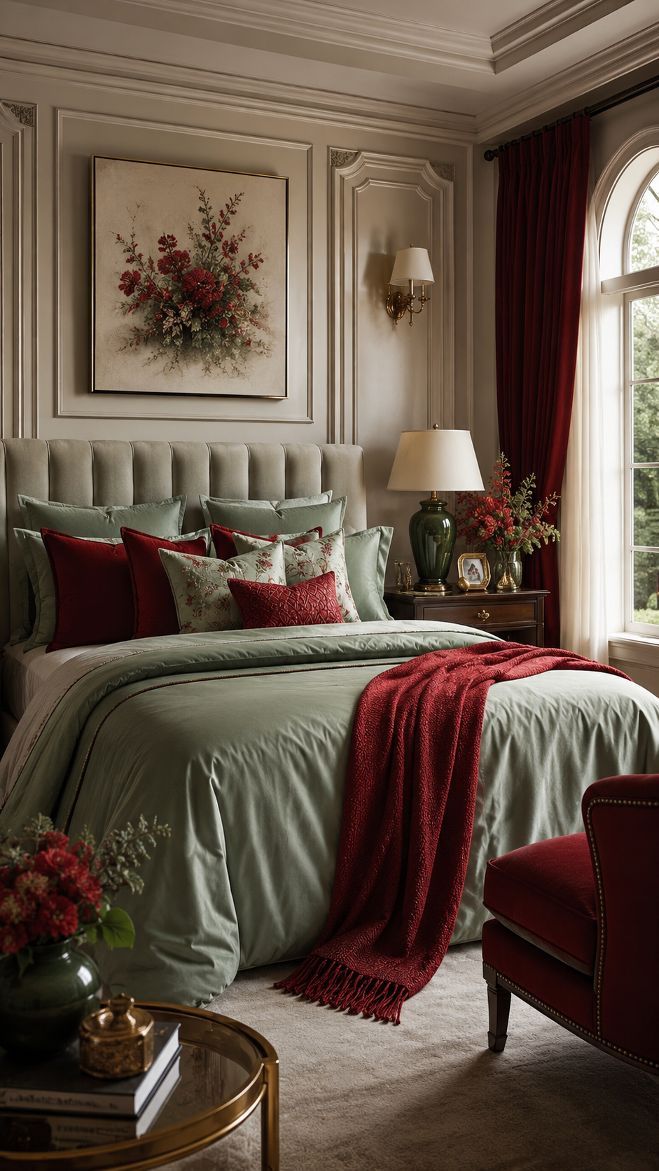 Sage green and burgundy bedding color combo with ivory bedding, red curtains, floral cushions, classic headboard, and elegant bedroom decor