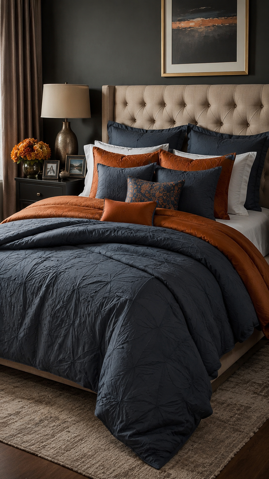 Charcoal blue and burnt orange bedding color combo with white sheets, beige tufted headboard, rust pillows, quilted layer, and moody bedroom decor