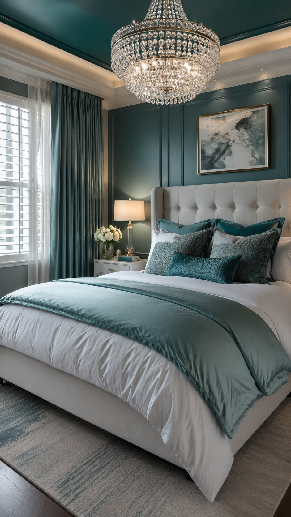 White and teal bedding color combo with aqua pillows, turquoise duvet, tufted headboard, teal accent wall, crystal chandelier, and luxury bedroom decor