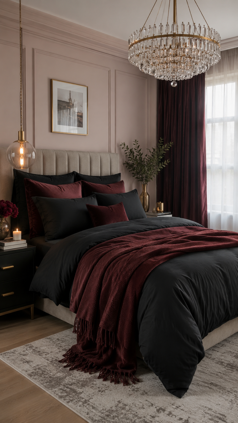 Black and burgundy bedding color combo with blush pink walls, beige headboard, gold details, crystal chandelier, burgundy pillows, and luxury bedroom styling