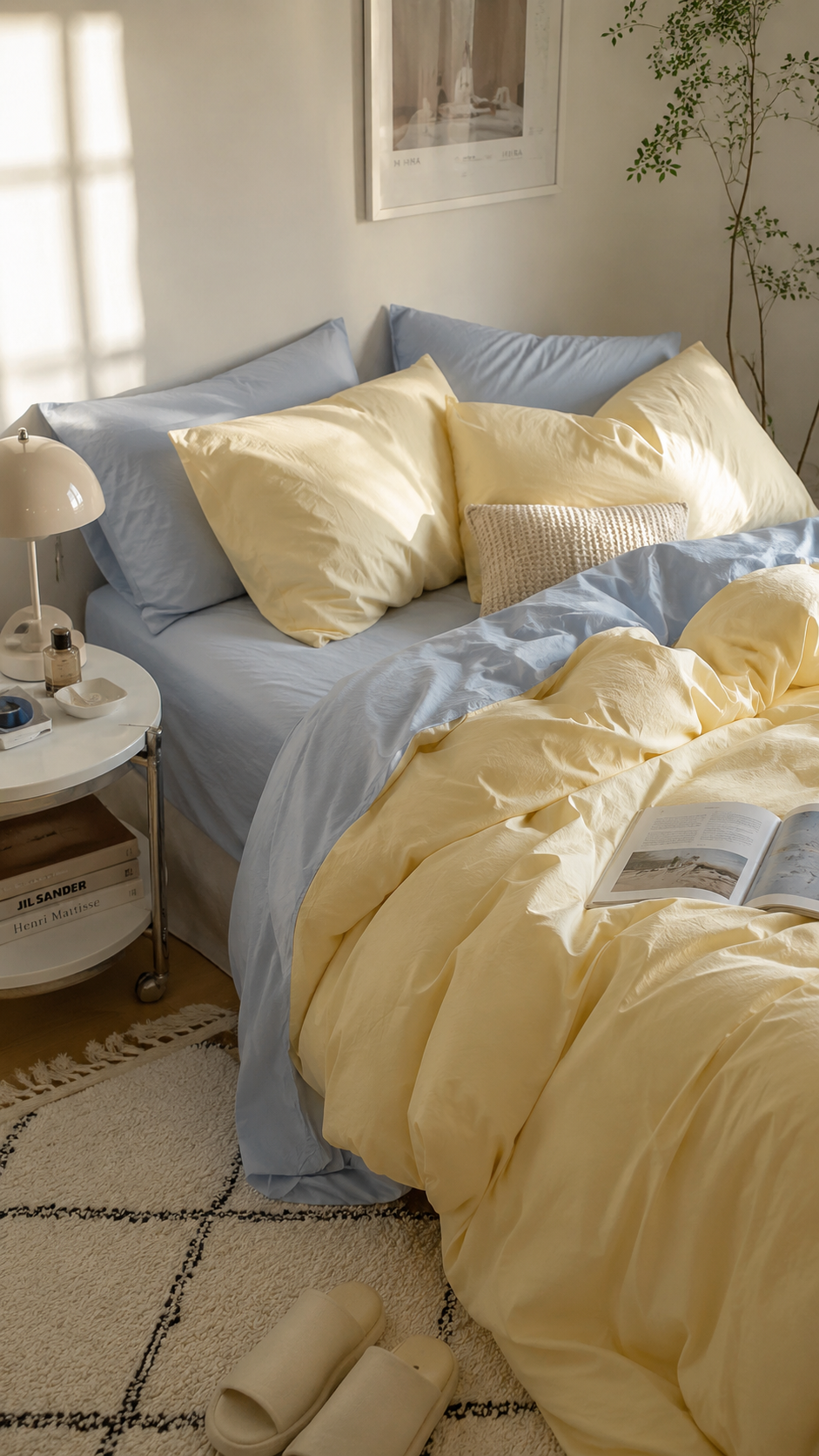 Butter yellow and sky blue bedding color combo with soft pillows, pastel bedding, cream walls, sunlight, neutral rug, and fresh bedroom decor