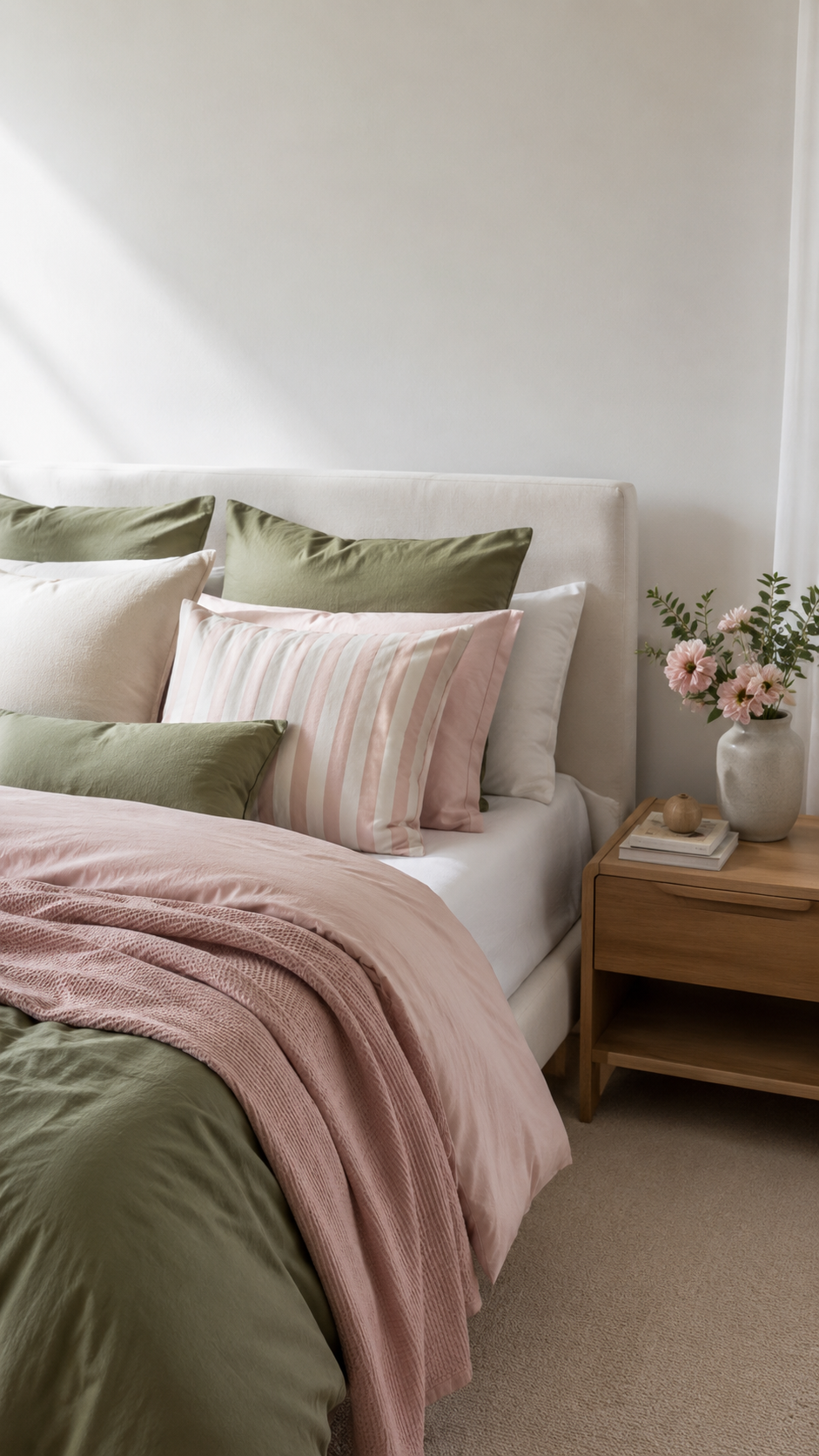 Sage green and blush pink bedding color combo with white sheets, cream pillows, striped blush pillows, olive bedding, flowers, and natural wood decor