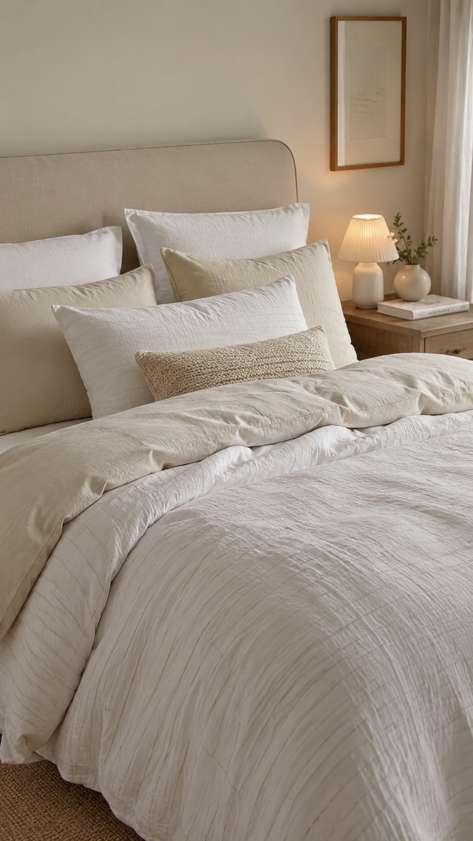 Neutral bedding color combo with white, ivory, cream, beige, light taupe bedding, textured comforter, calm bedroom decor, and minimalist styling