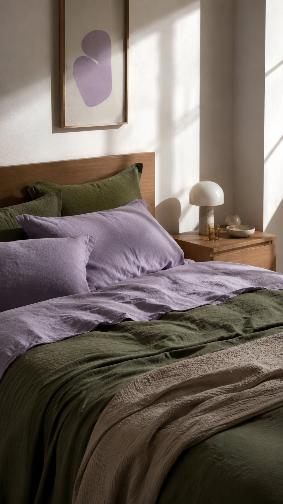 Lavender and olive green bedding color combo with beige accents, wooden headboard, minimalist artwork, soft throw, and calm bedroom decor