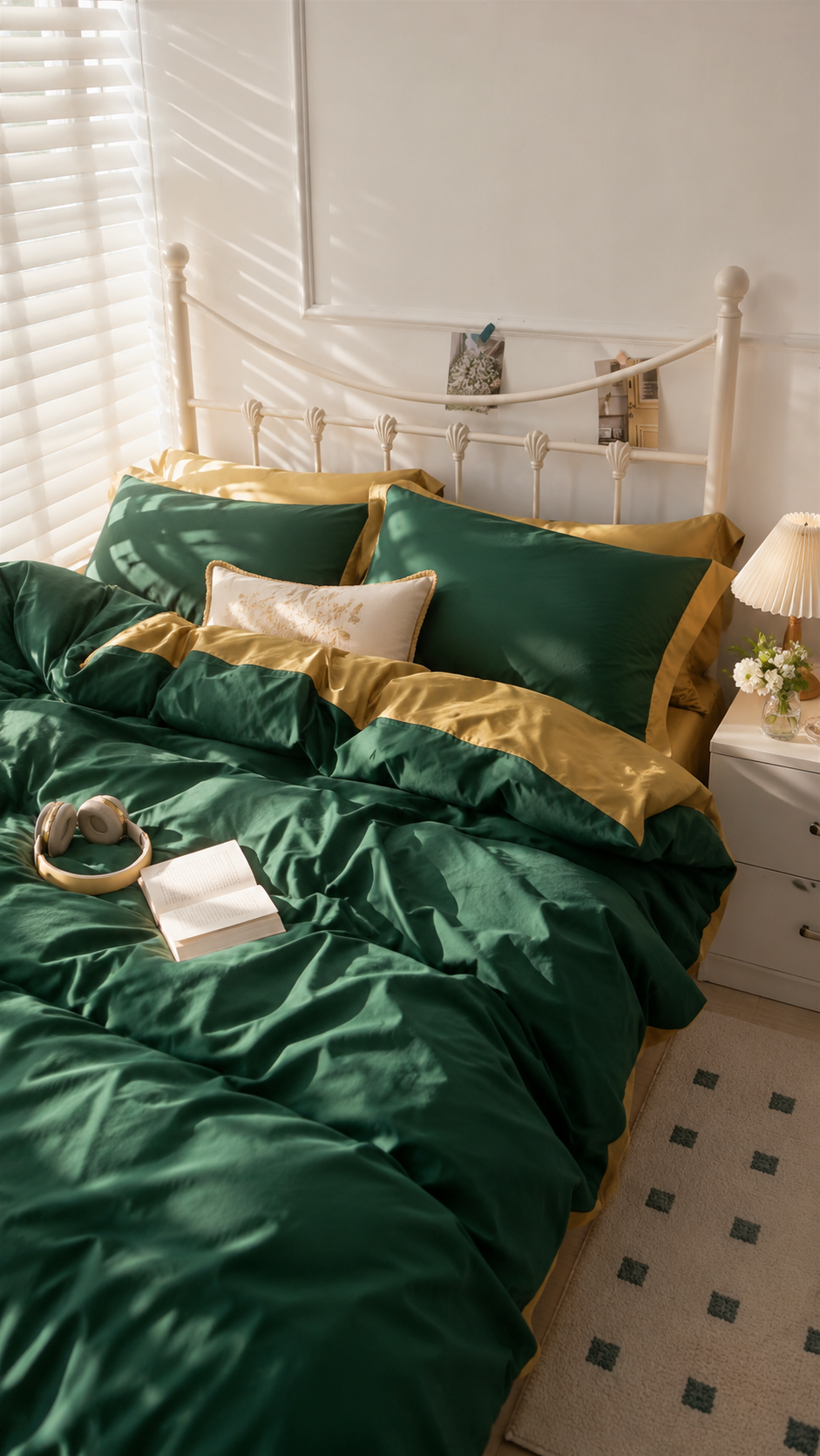 Emerald green and golden yellow bedding color combo with dark green duvet, mustard trim, white metal bed frame, flowers, and cozy bedroom decor