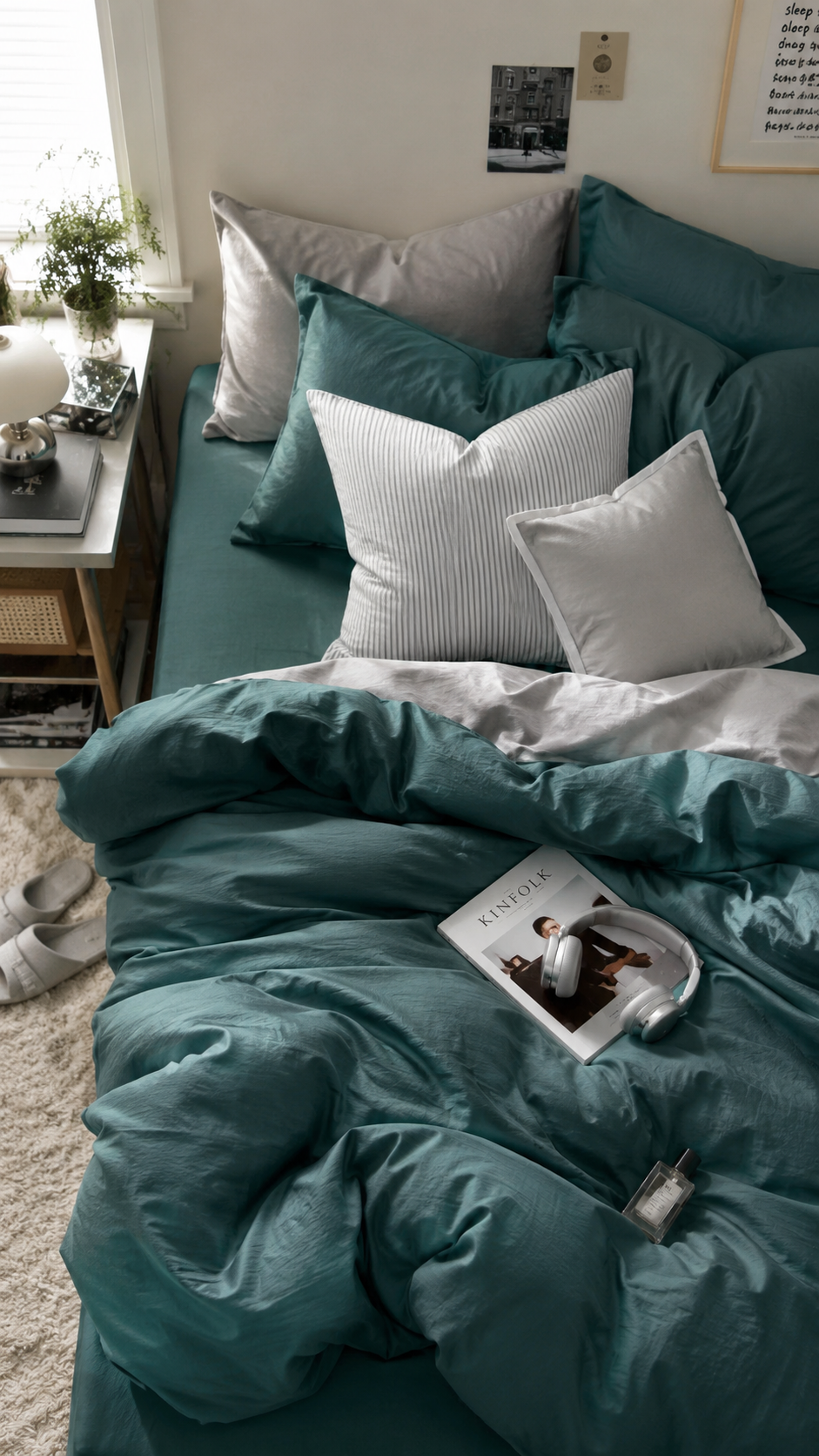 Teal and gray bedding color combo with deep teal duvet, light gray pillows, white striped accents, plants, books, headphones, and modern bedroom styling