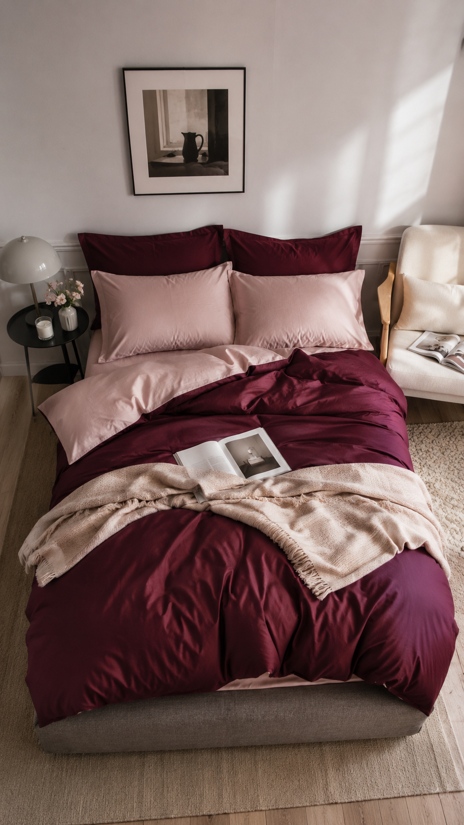 Burgundy and blush pink bedding color combo with wine red duvet, pink pillows, beige throw, simple upholstered bed, soft light, and romantic bedroom decor