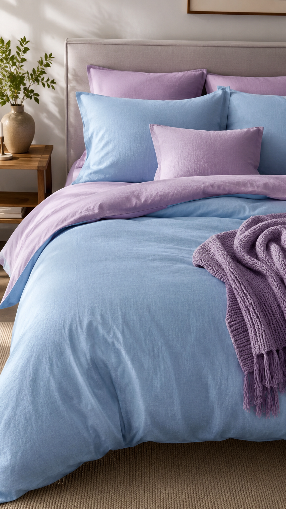 Powder blue and lavender bedding color combo with lilac duvet, purple pillows, soft throw blanket, white bedroom decor, and pastel bedroom styling