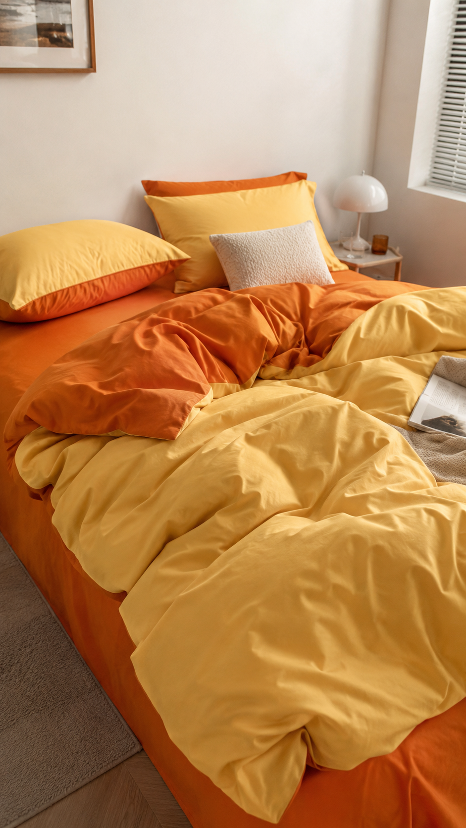 Yellow and orange bedding color combo with golden yellow duvet, bright orange layers, warm pillows, sunny bedroom decor, and cheerful bedding styling
