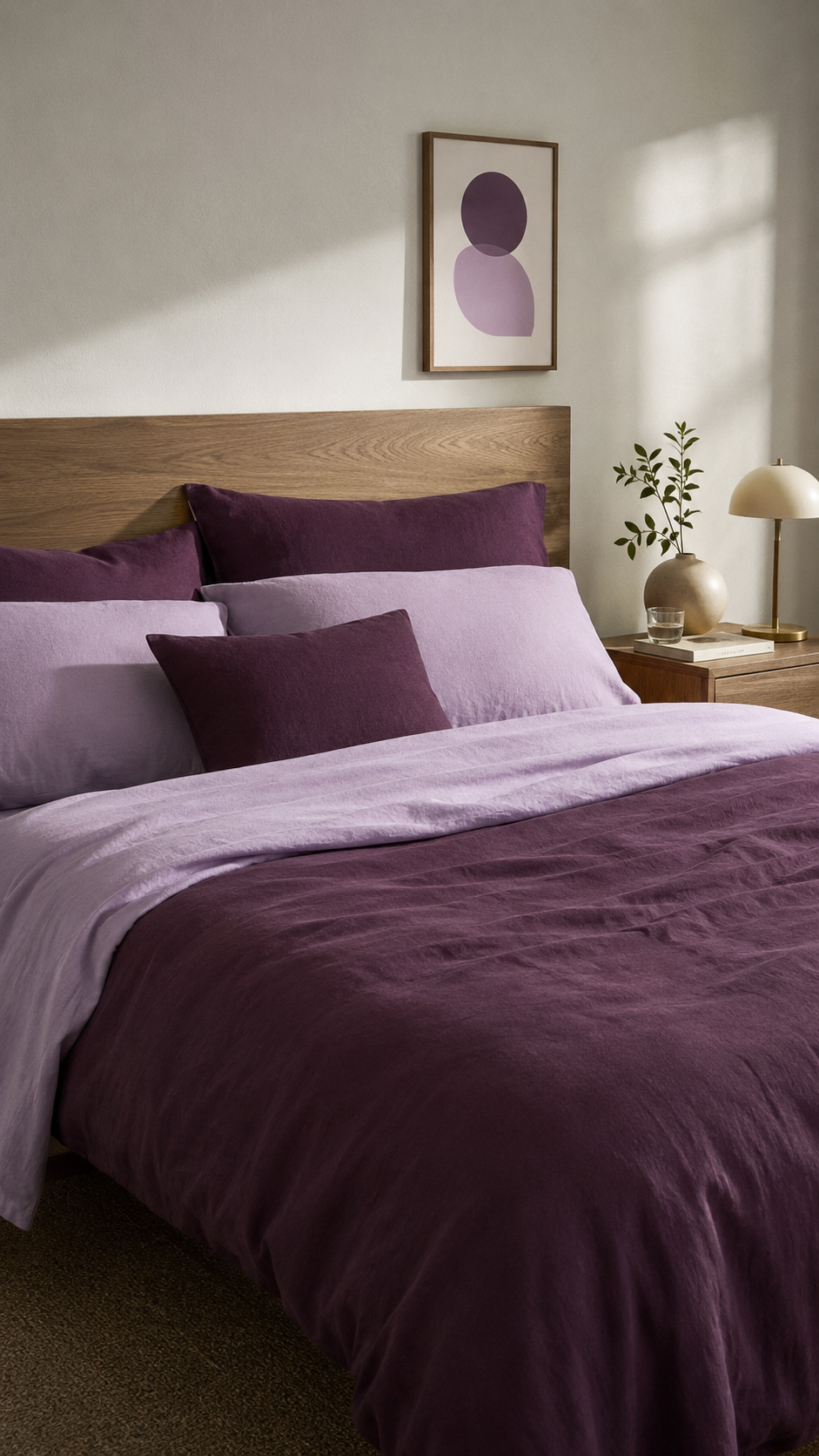 Plum purple and lavender bedding color combo with dark purple duvet, soft lavender sheets, wooden headboard, warm sunlight, and refined bedroom decor