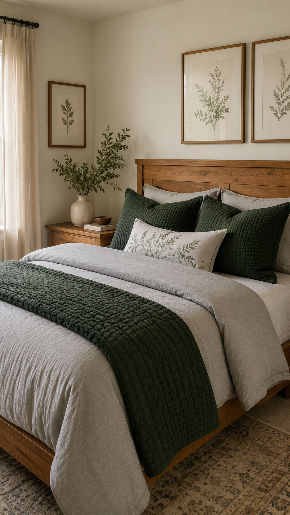 Light gray and forest green bedding color combo with dark green quilted accents, wooden furniture, white pillows, cream decor, and nature-inspired bedroom styling