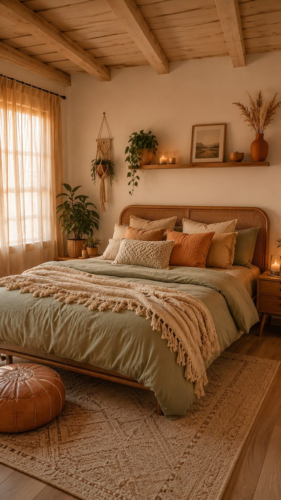 Boho bedroom ideas with sage green bedding, rattan headboard, floating shelf, pampas grass, plants, wood beams, and layered textures