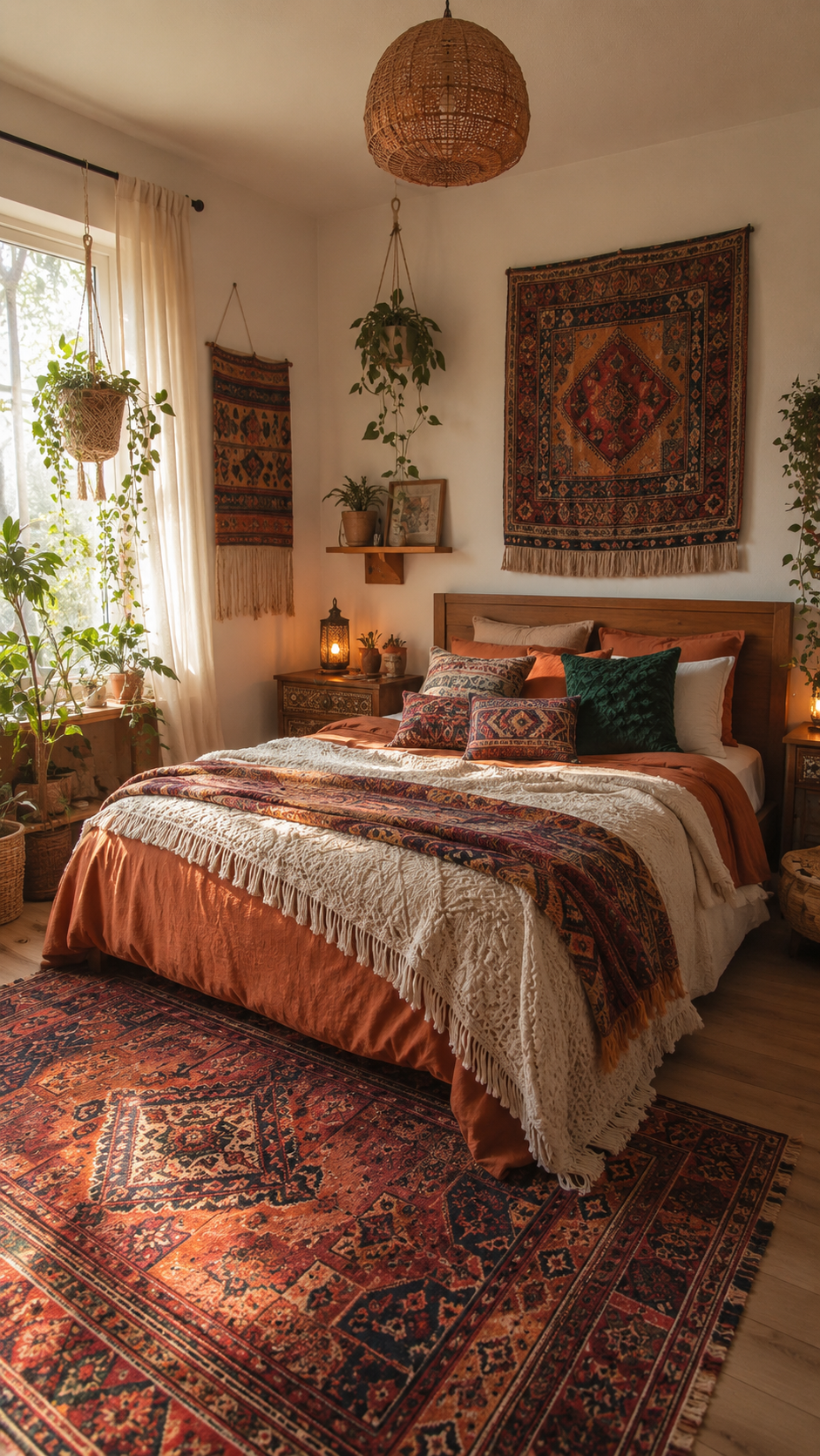 Warm boho bedroom with burnt orange bedding, woven wall tapestry, rattan pendant light, plants, vintage rug, and dark bedside tables