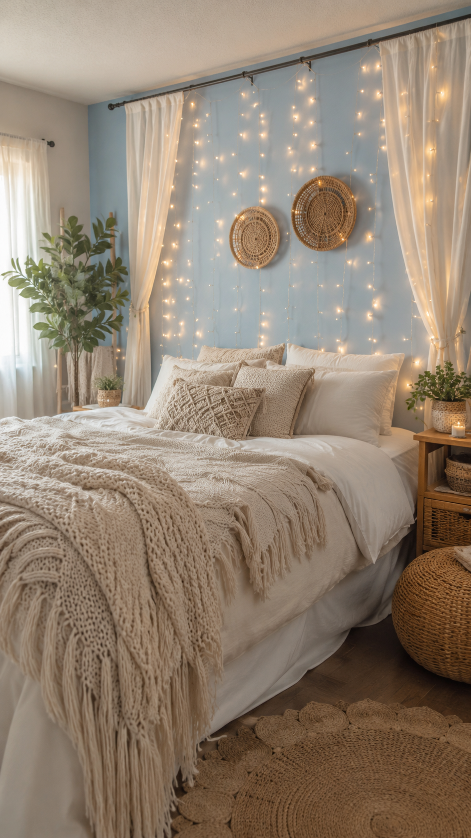 Airy boho bedroom with white bedding, pale blue accent wall, woven wall baskets, fairy lights, plants, jute rug, and wicker textures