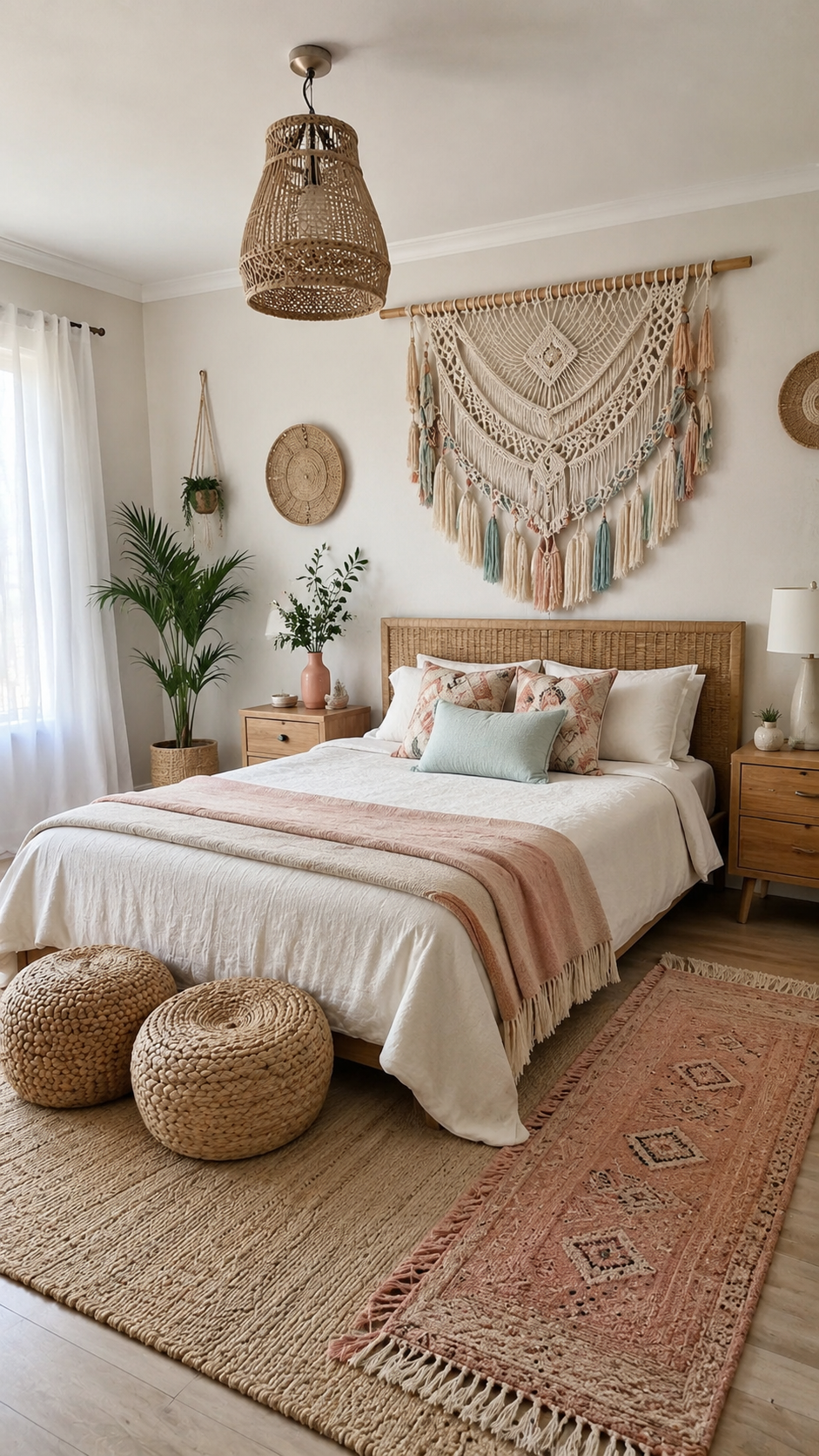 Sunlit boho bedroom with white bedding, blush throw, rattan headboard, macrame wall hanging, palm plant, woven poufs, and layered rugs