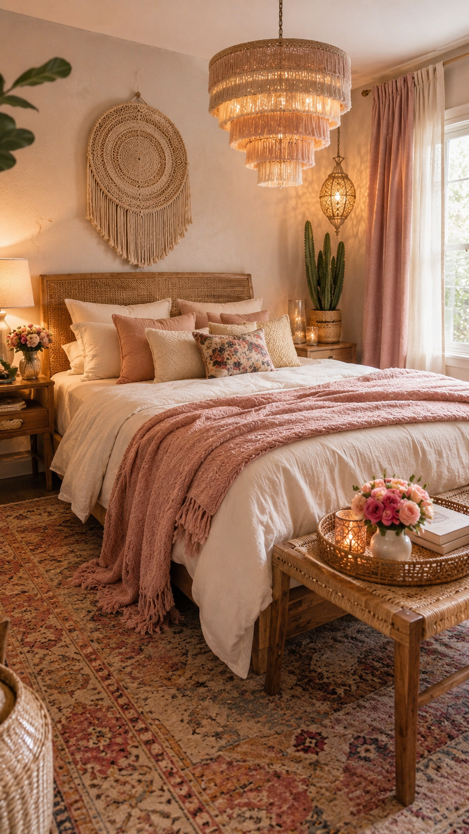 Romantic boho bedroom with white bedding, dusty rose throw, round macrame wall decor, fringe chandelier, blush curtains, vintage rug, and flowers
