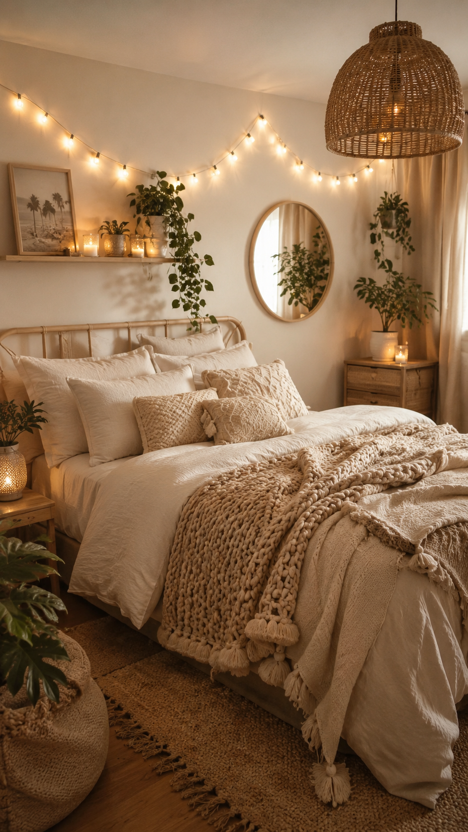 Neutral boho bedroom with white bedding, chunky knit throw, rattan pendant light, floating shelf, string lights, plants, woven rug, and round mirror