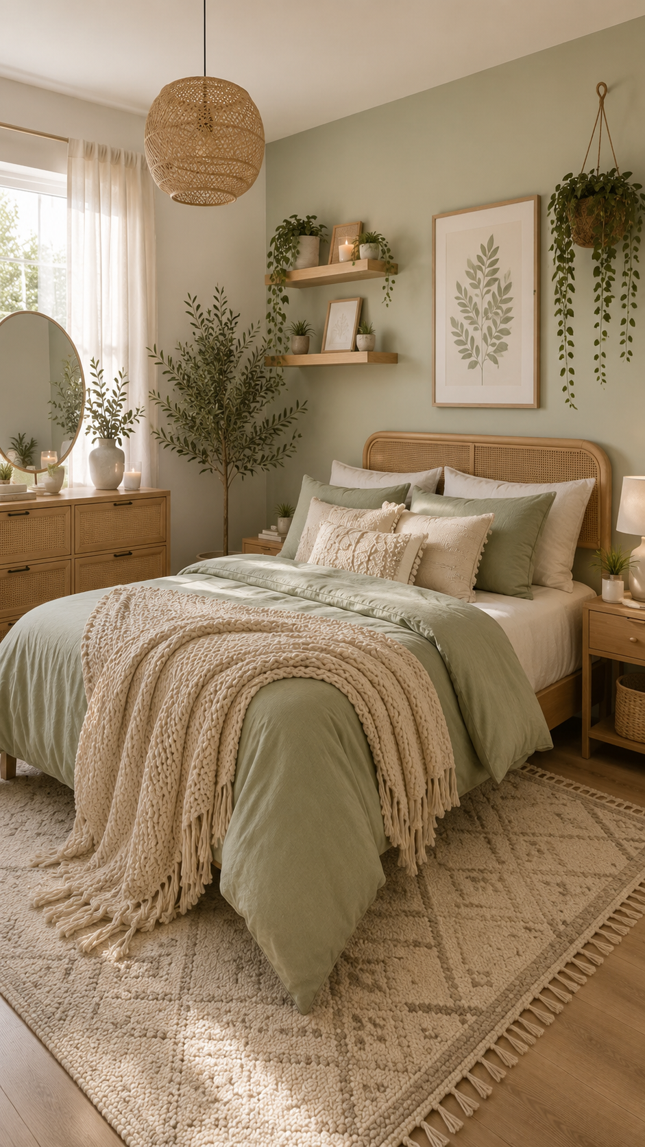 Green boho bedroom with sage bedding, rattan headboard, botanical prints, cane-front dresser, plants, floating shelves, woven pendant, and neutral rug