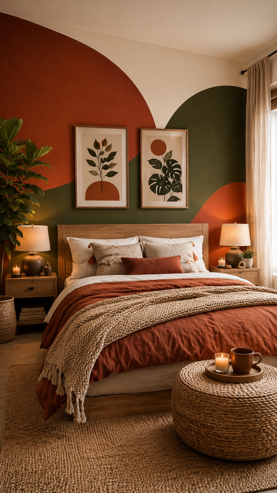 Earthy boho bedroom with terracotta and olive accent wall, wooden bed frame, botanical prints, rust bedding, woven rug, plants, and rattan pouf