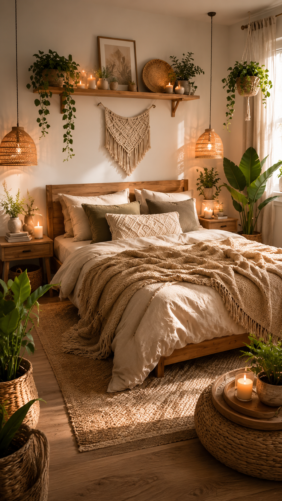 Natural boho bedroom with wooden bed frame, white bedding, olive pillows, macrame wall hanging, floating shelf, woven pendant lights, plants, and textured rug