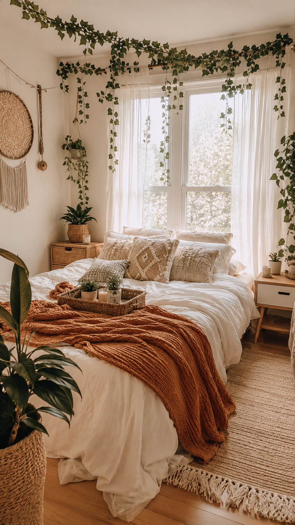 Bright boho bedroom with white bedding, burnt orange knit throw, ivy garland, sheer curtains, woven baskets, plants, tray styling, and natural rug