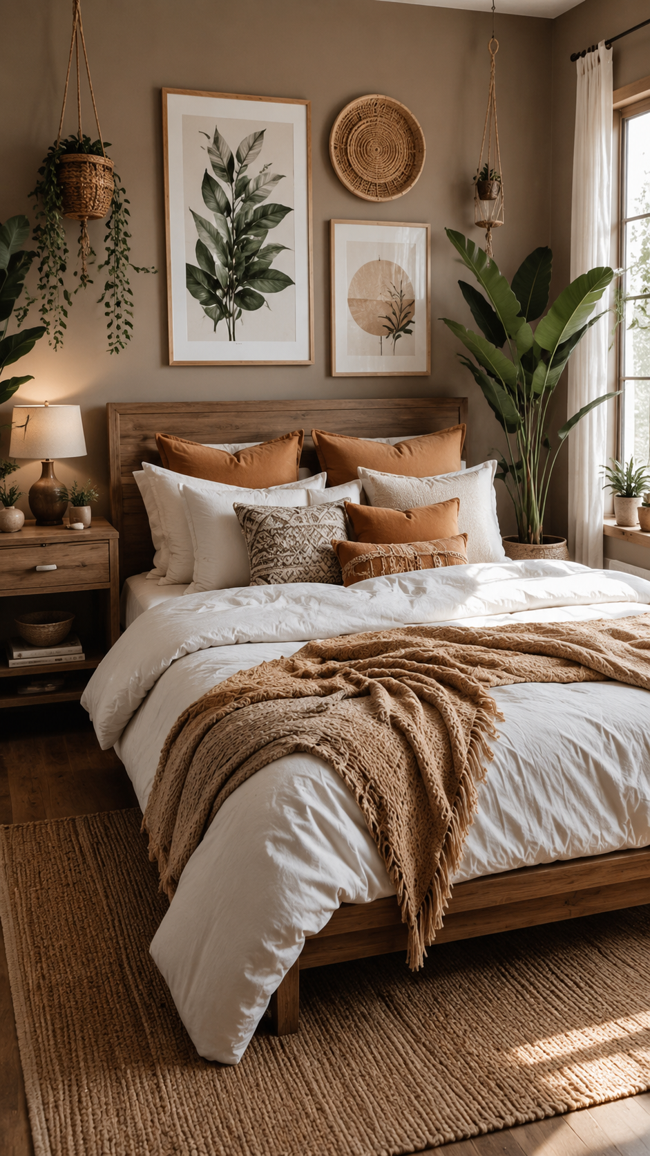Earthy boho bedroom with wooden bed frame, white bedding, caramel pillows, botanical artwork, woven basket wall decor, hanging plants, and natural fiber rug