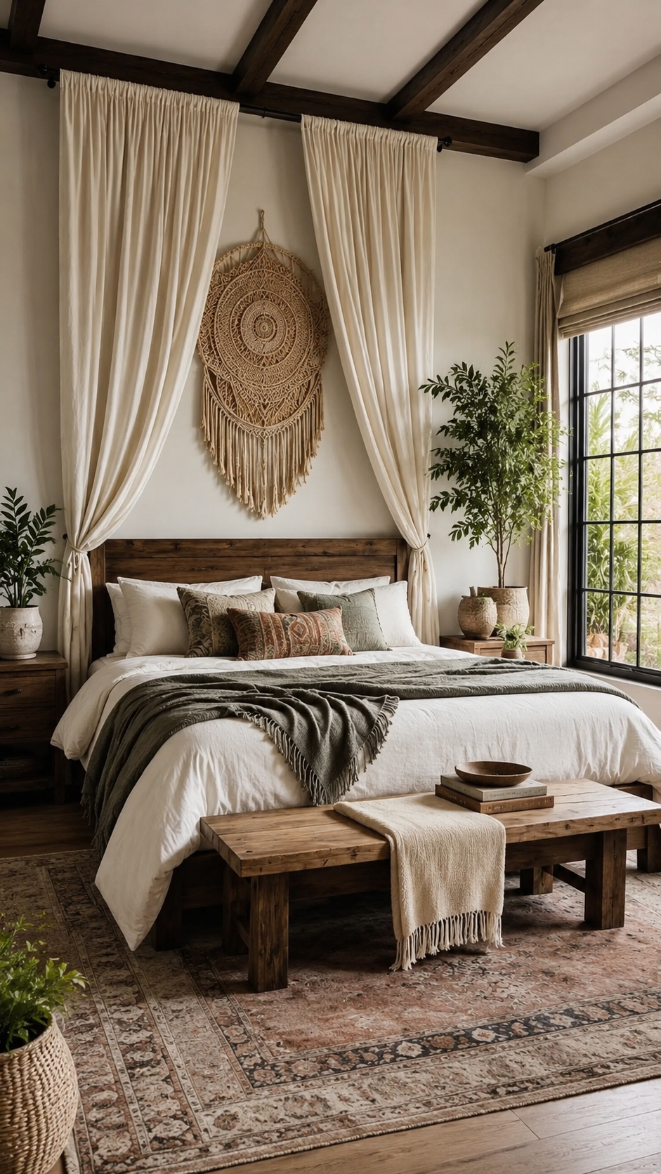 Resort-style boho bedroom with cream canopy curtains, macrame wall hanging, olive throw, wood beams, wooden bench, vintage rug, plants, and rattan textures