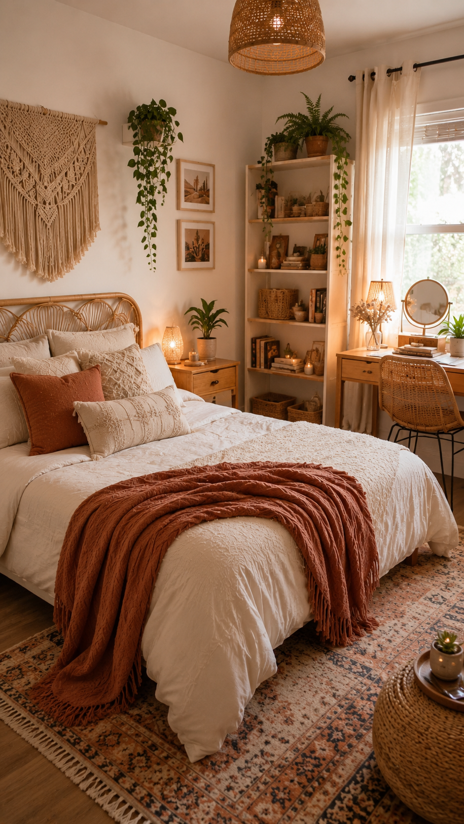Boho bedroom with curved rattan headboard, macrame wall hanging, terracotta throw, desk vanity corner, open shelving, plants, patterned rug, and woven pendant light